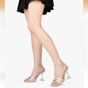 Zzheels Rhinestone Bow Heels Square Toe Slip on Mules